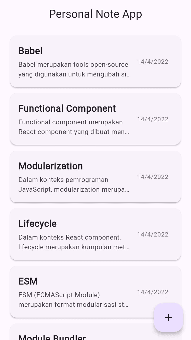 Screenshot of Personal Note App